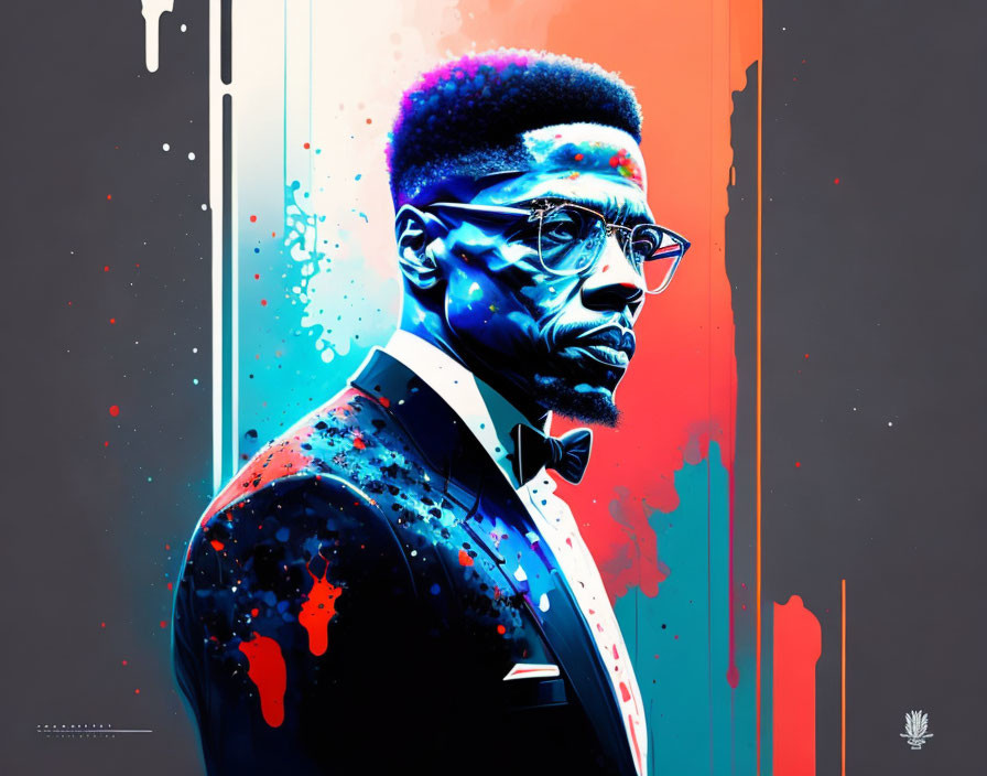 Vibrant digital portrait of a man in glasses and bowtie on dark background