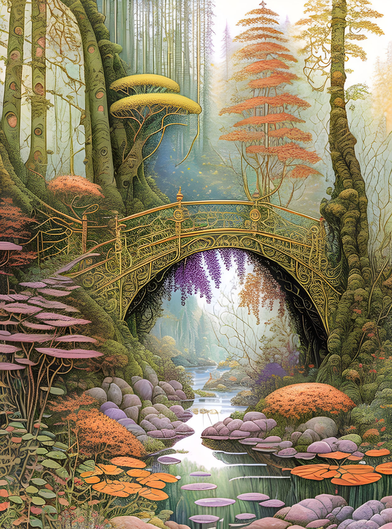 Fantasy forest with decorative bridge, towering trees, diverse flora, serene river