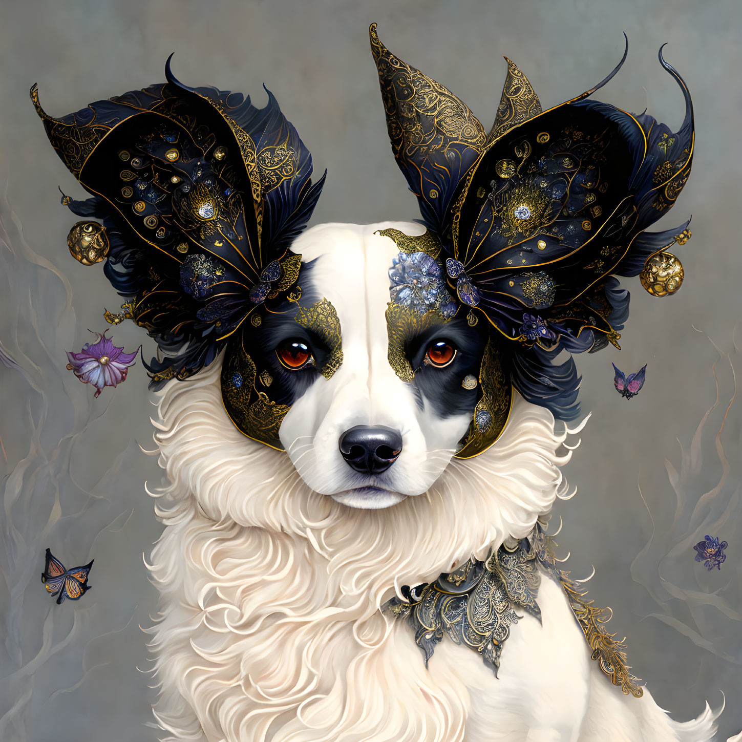 Detailed illustration of a dog in ornate mask with butterflies