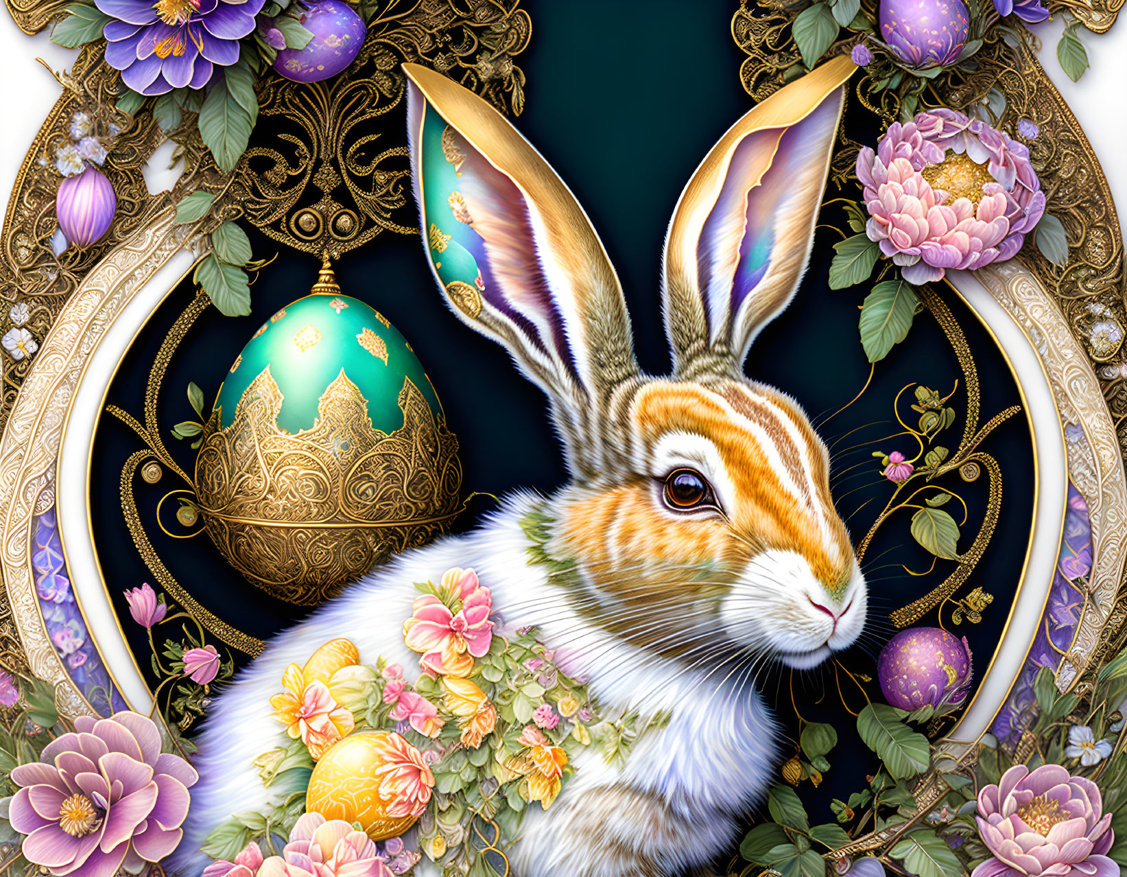 Detailed Rabbit Illustration Surrounded by Golden Frames, Flowers, and Egg