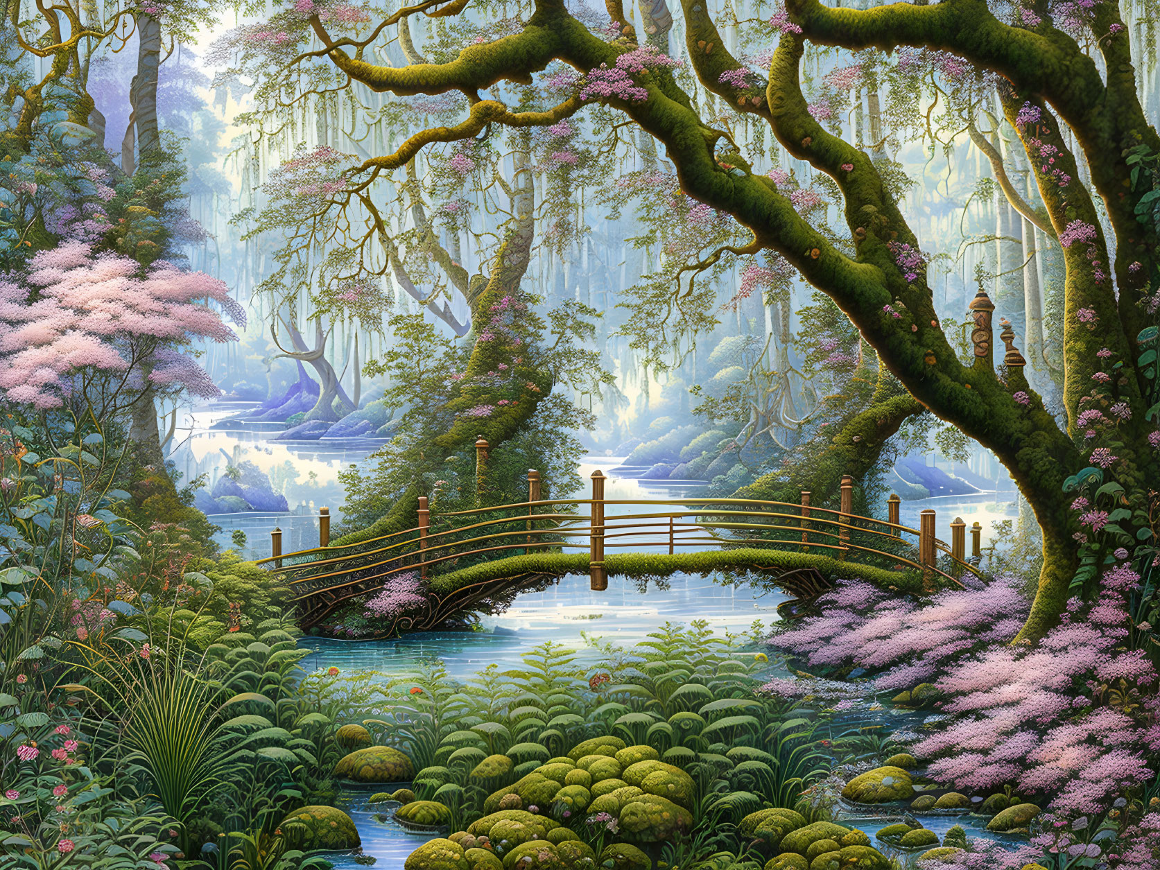 Tranquil forest scene with wooden bridge, pink trees, and mist
