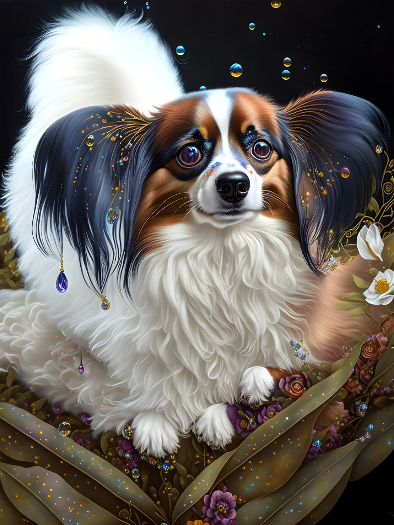 Whimsical digital painting of Papillon dog with fluffy ears and sparkling elements