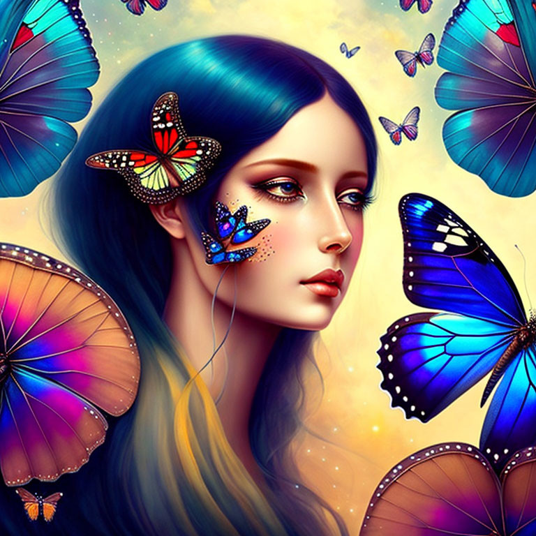 Colorful illustration of woman with multicolored hair and butterflies
