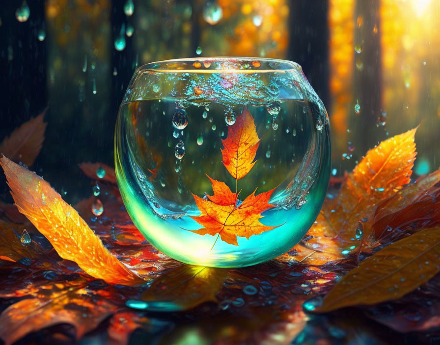 Glass bowl with water, vibrant orange leaf, wet autumn leaves, sunlight, droplets