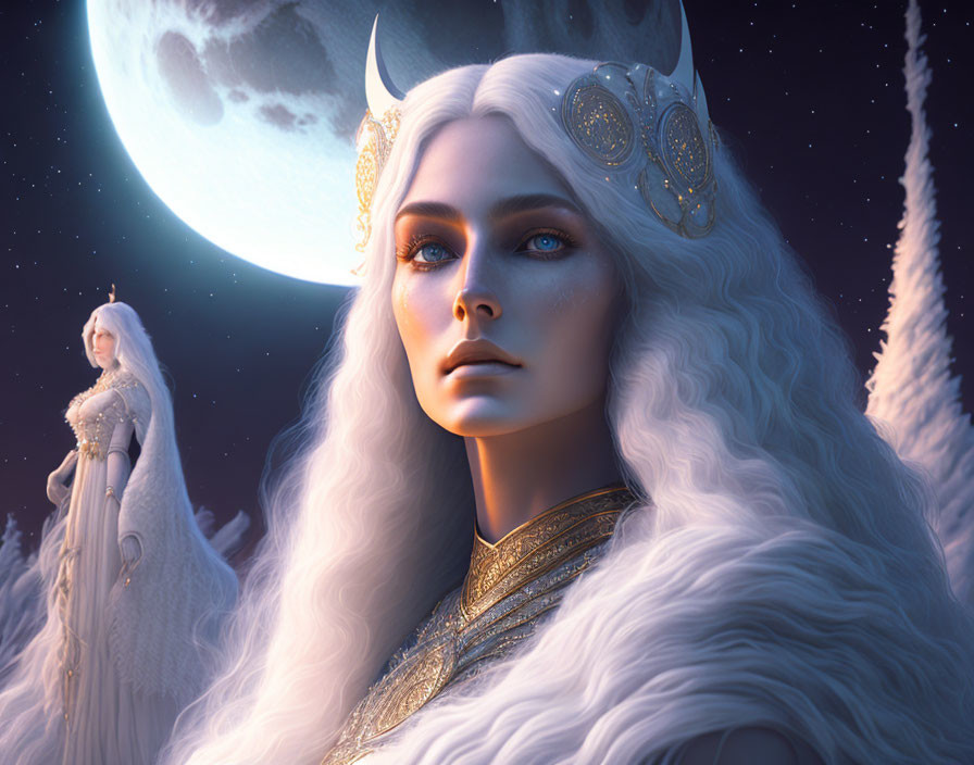 Ethereal woman with white hair and gold headdress under full moon