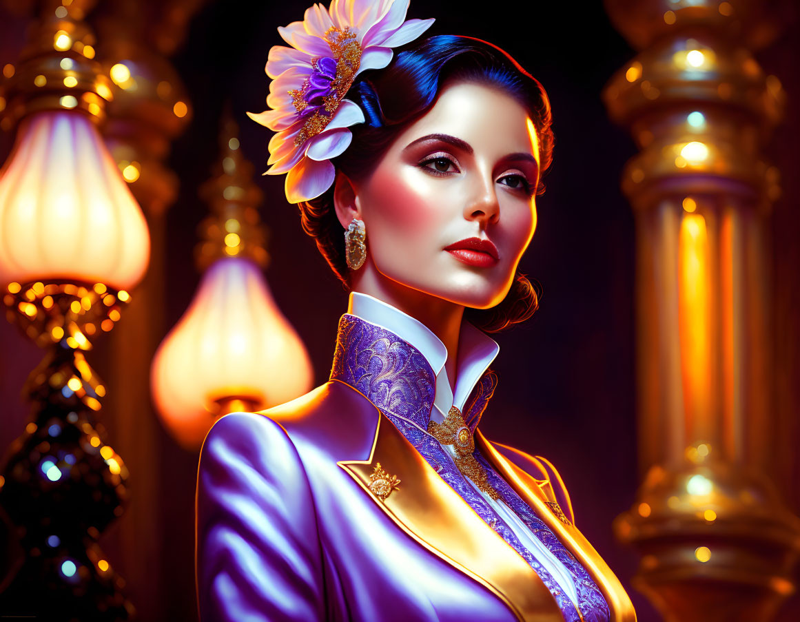 Woman with elegant makeup and flower in hair, wearing purple and gold outfit in warm lighting