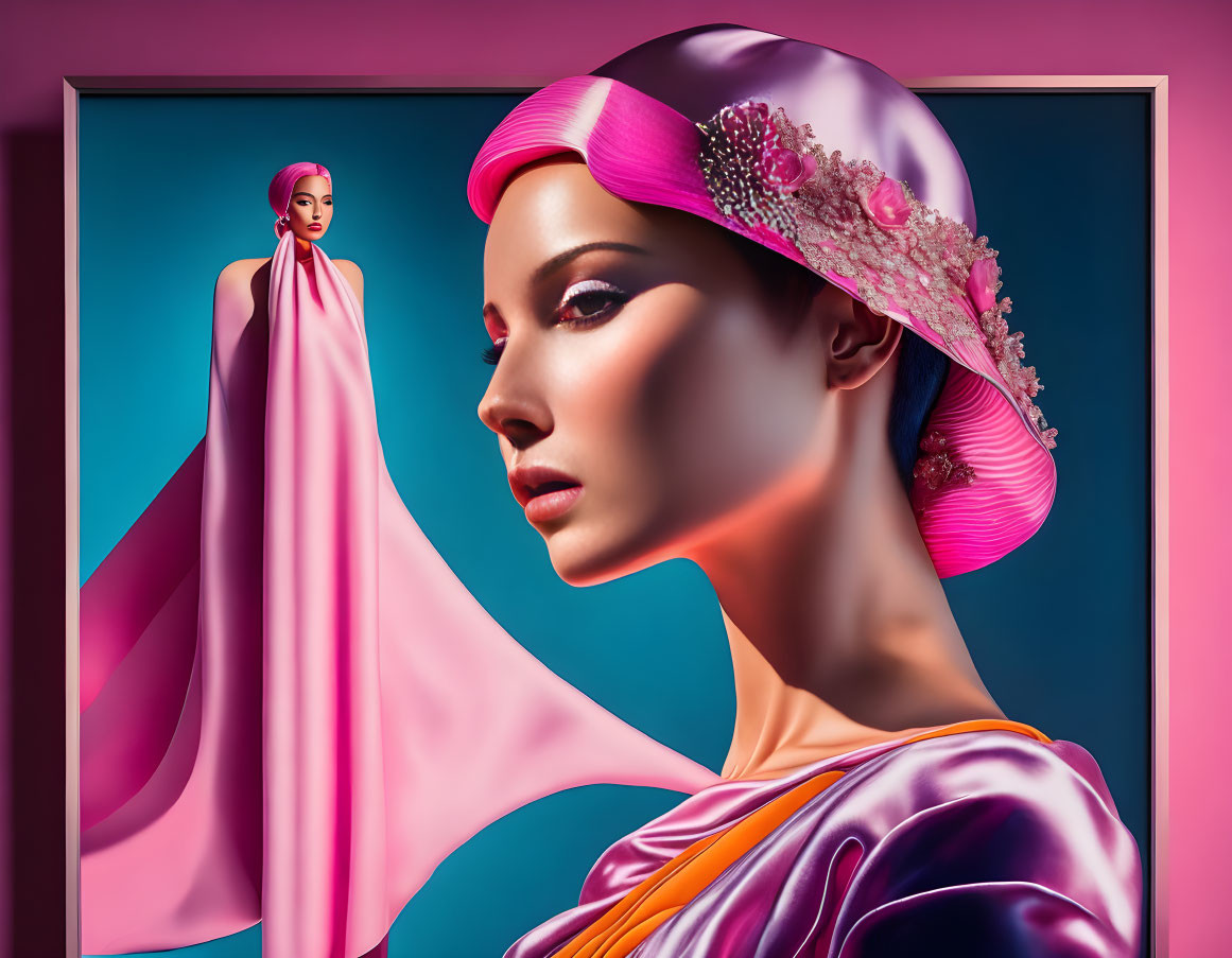 Colorful digital artwork: Woman in pink hat and cloak on pink-purple background