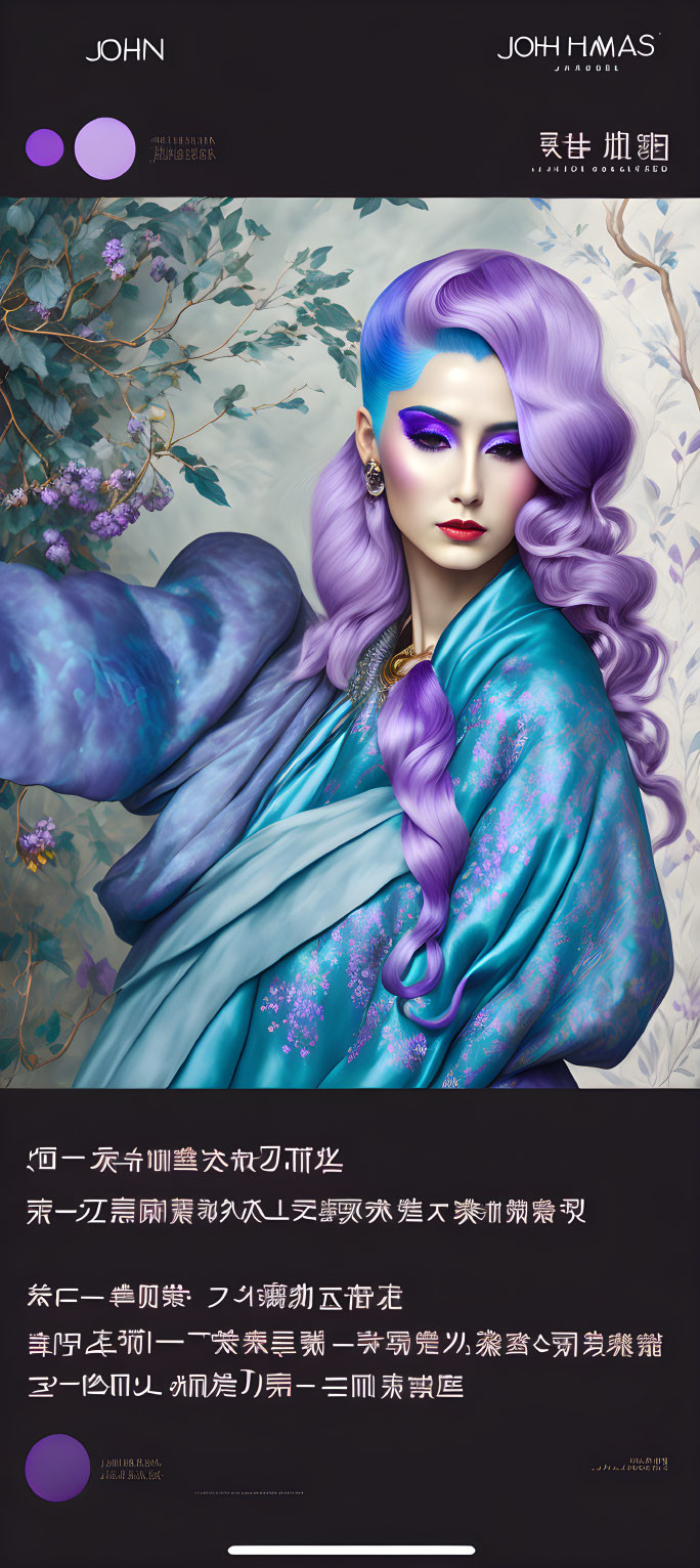 Stylized woman with purple hair and blue robe, floral and bird motifs background