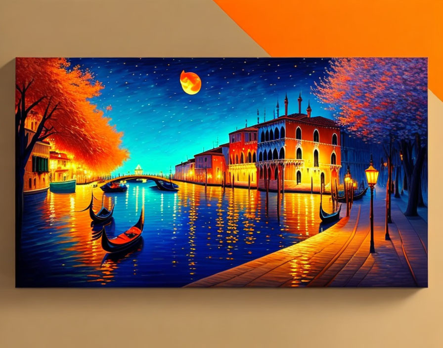Venetian canal painting: gondolas, street lamps, colorful buildings, crescent moon