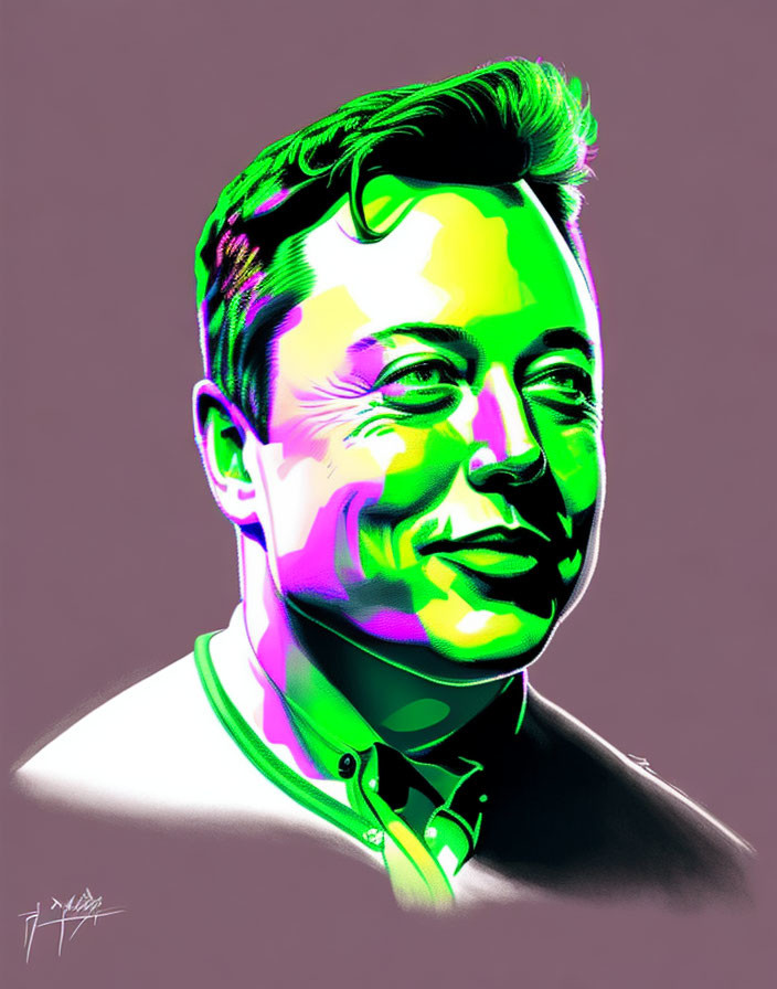 Vibrant portrait of a smiling man with green and purple hues on violet background