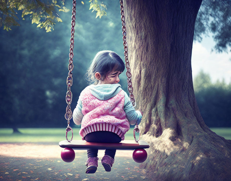 Child in Pink Sweater on Swing in Park Setting