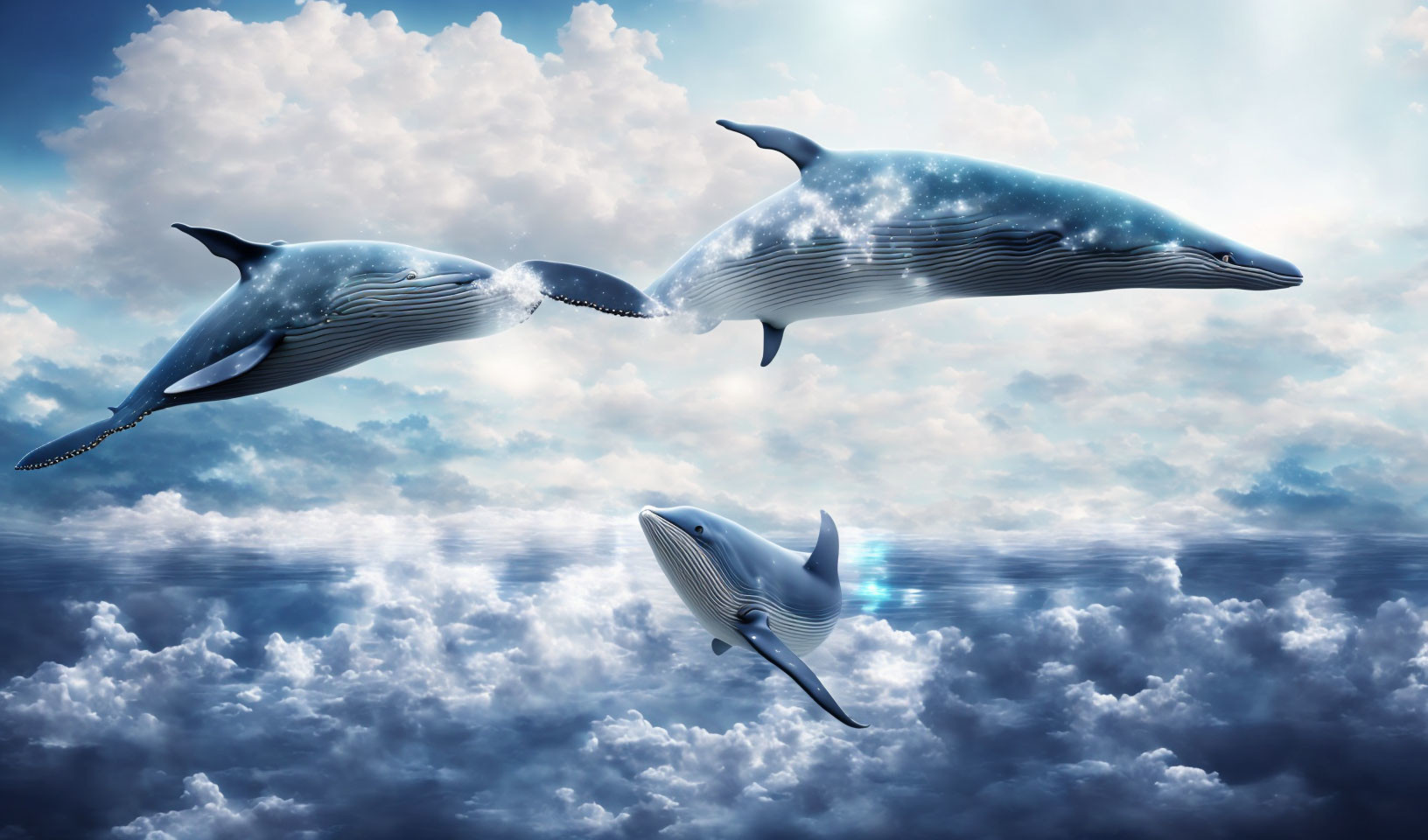 Surreal whales with starry sky textures above clouds in blue sky