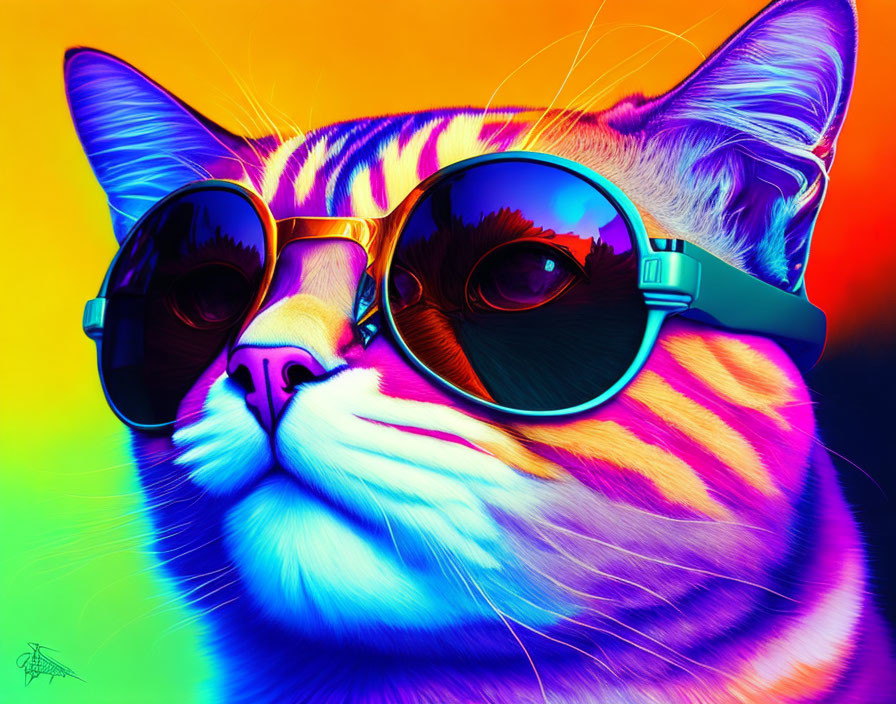 Colorful Cat with Sunglasses Reflecting Palm Trees on Rainbow Background