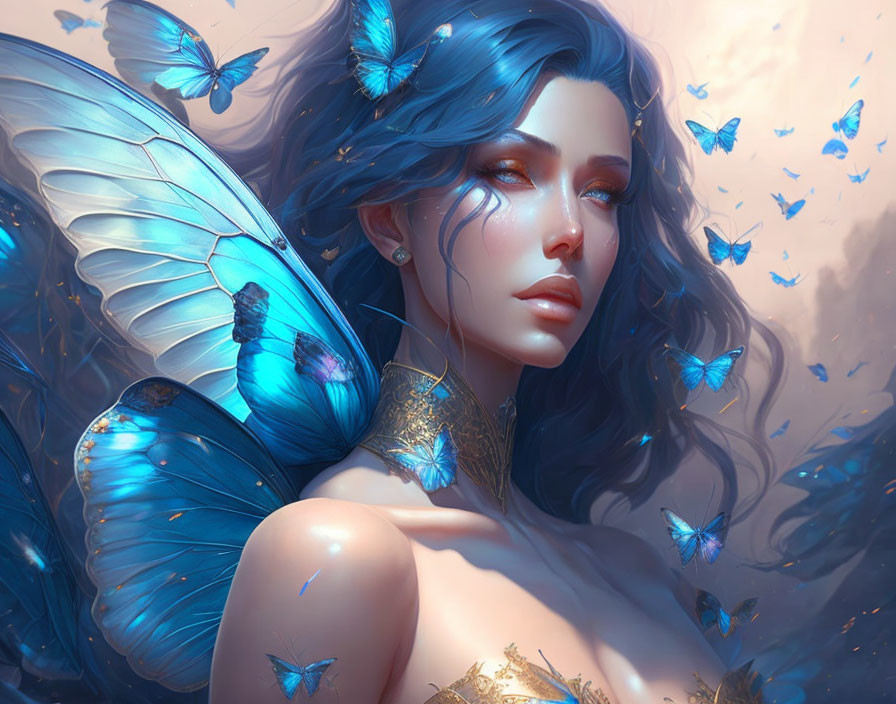 Woman with Blue Butterfly Wings in Fantasy Setting
