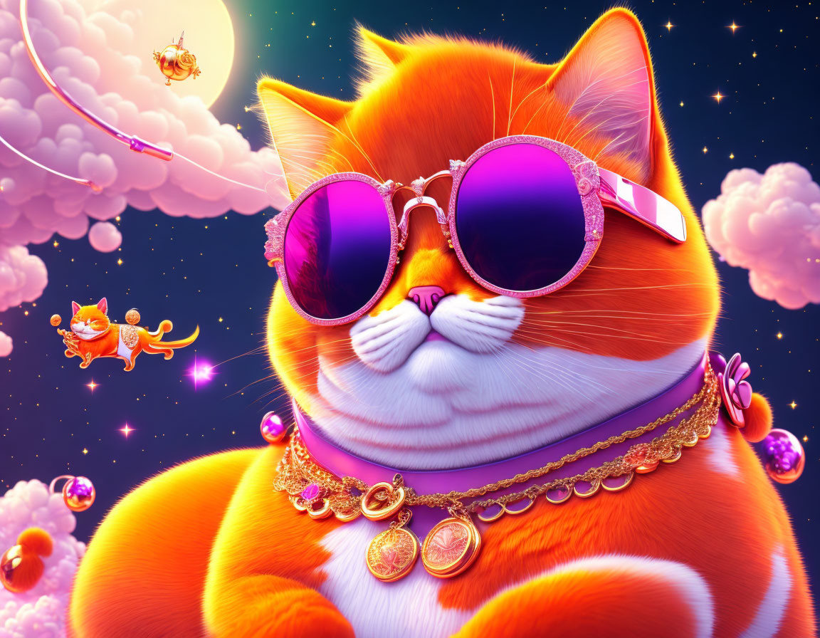 Colorful illustration of stylish oversized cat with sunglasses and gold jewelry in cloud-filled scene.