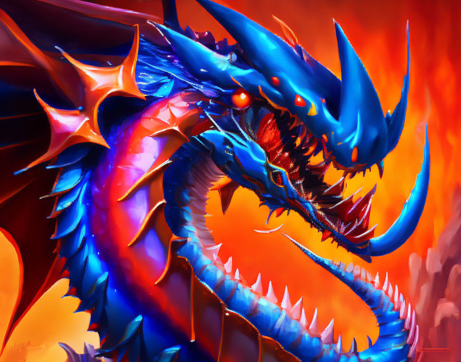 Blue Dragon with Glowing Red Eyes and Sharp Spikes on Red and Orange Background