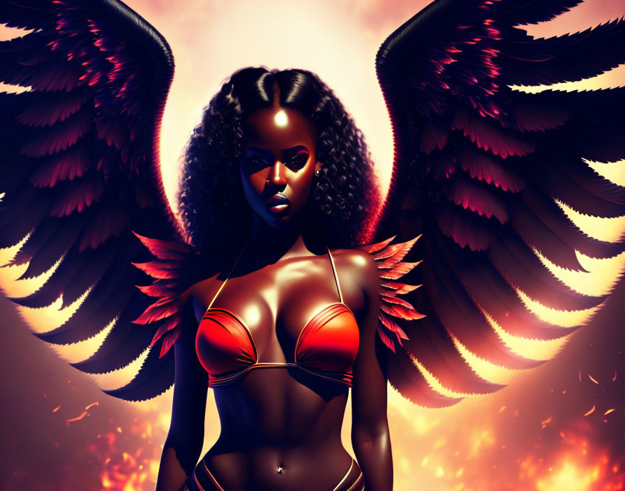 Digital art: Woman with dark wings in fiery backdrop.