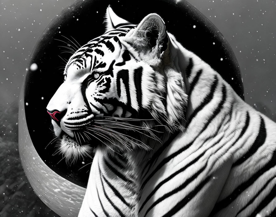 Monochrome tiger art in cosmic setting