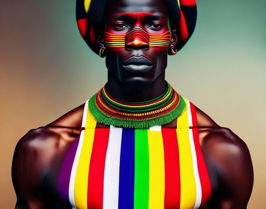 Vibrant striped body paint and colorful beaded necklace portrait