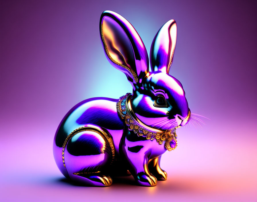 Metallic Purple Rabbit with Gold Detail on Gradient Background