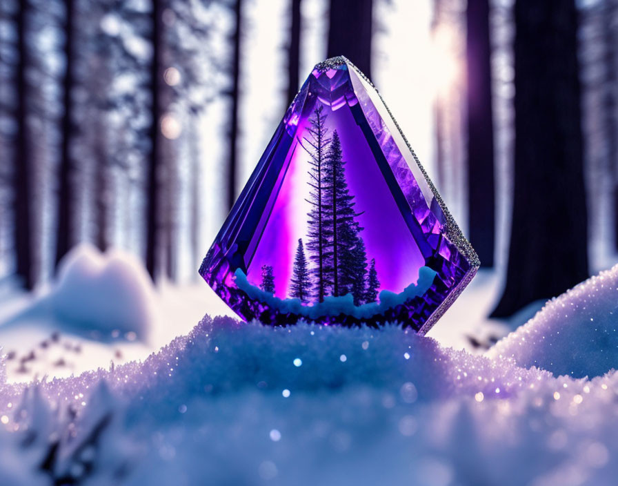 Vivid purple gem on snowy ground with wintry forest backdrop