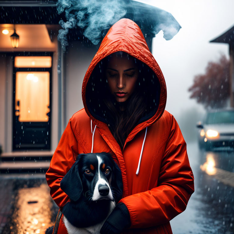 Woman in Red Hooded Jacket Embracing Dog in Rainy Setting