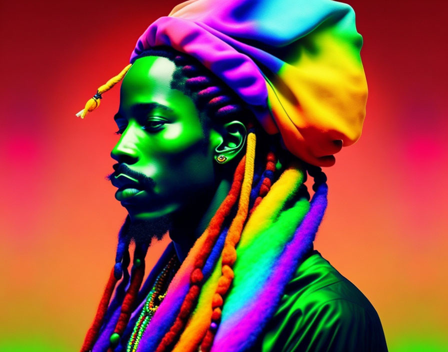 Colorful portrait of person with long beard and turban on neon background