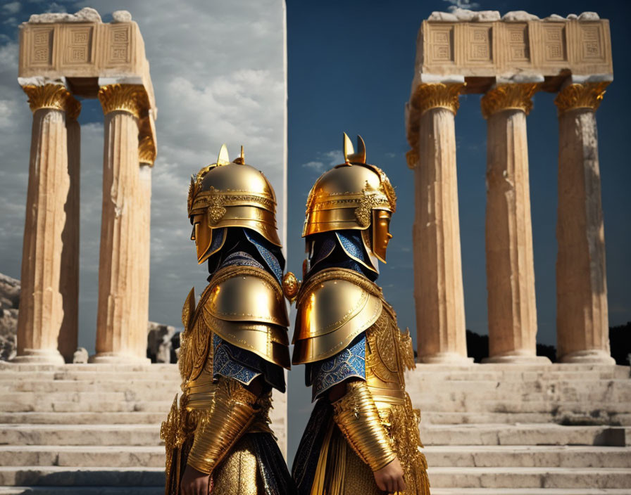 Pair in Golden Armor Admiring Greek Columns