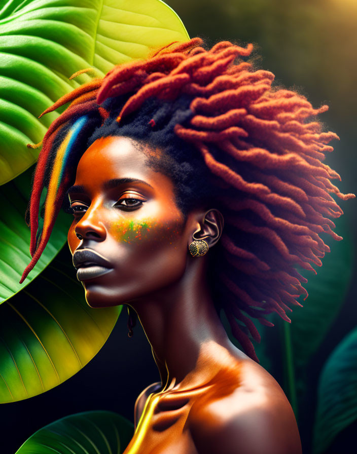 Vibrant red dreadlocks woman with intense gaze and striking makeup among green leaves
