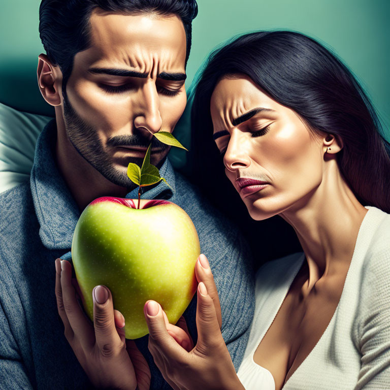 Man and woman with green apple and leafy twig in intimate pose.