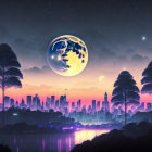 Surreal twilight cityscape with vivid moon and reflective lake