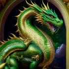 Green Dragon with Golden Horns and Spikes in Holiday Archway Scene