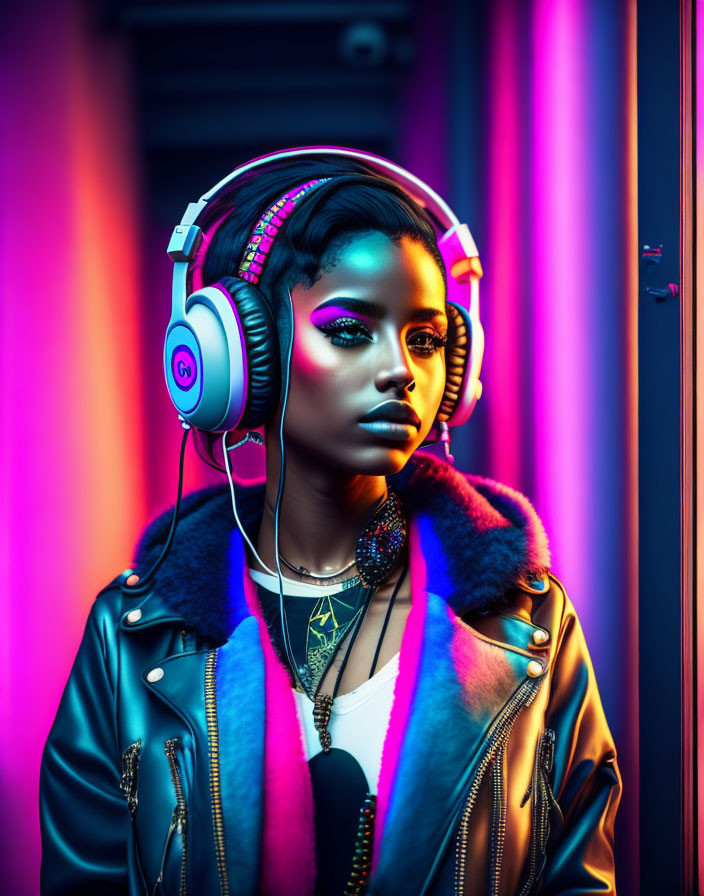 Stylish makeup woman with headphones in neon-lit setting