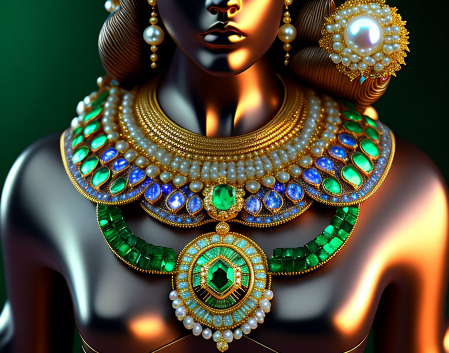 Ornate Golden Necklace with Pearls, Emeralds, and Sapphires on Dark Man