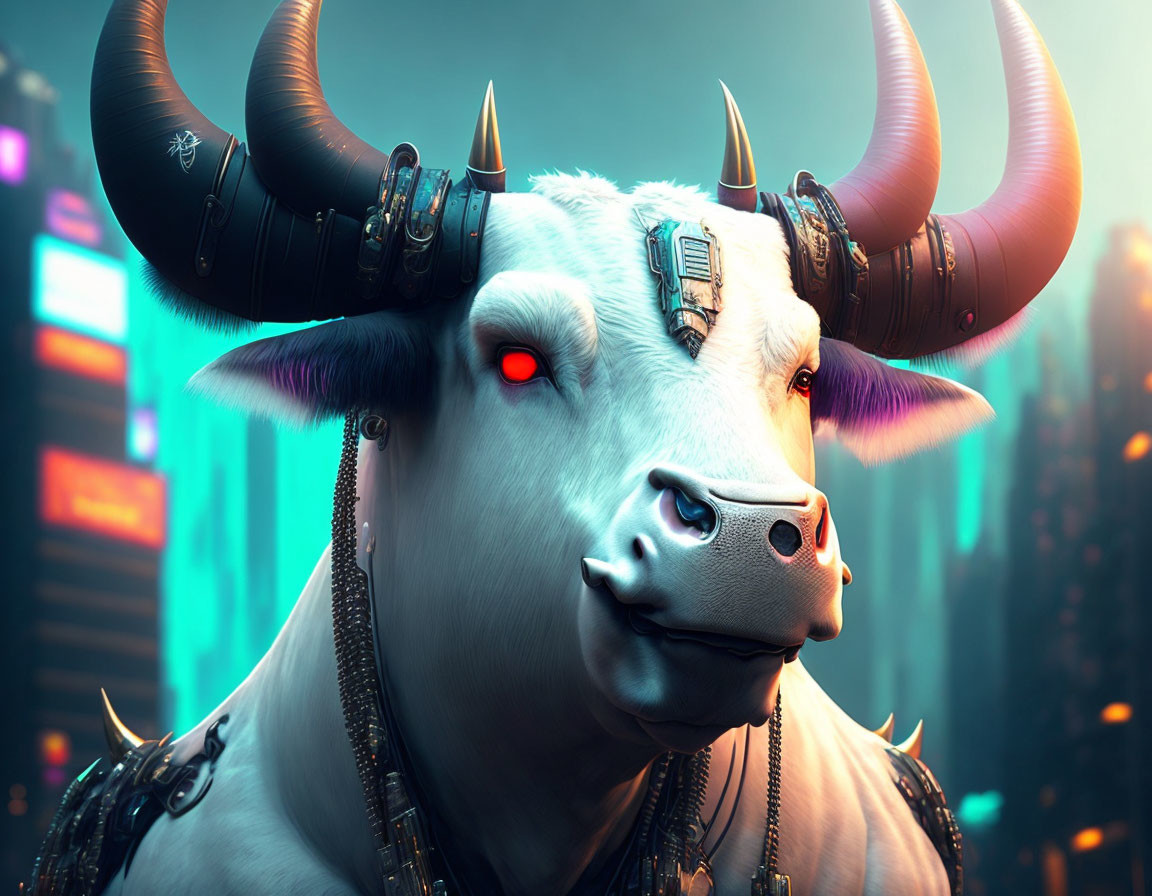 Cybernetic Bull with Glowing Red Eyes in Futuristic Cityscape