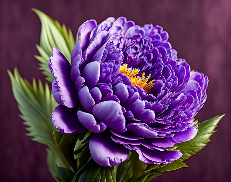 Detailed Purple Peony with Yellow-Orange Stamens on Maroon Background