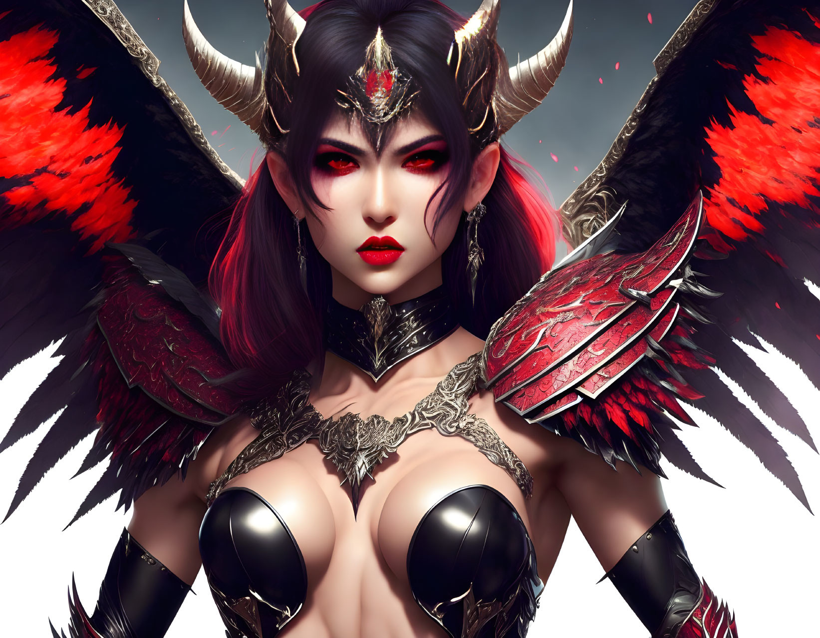 Female character with red eyes, horns, dark wings, and fiery armor illustration