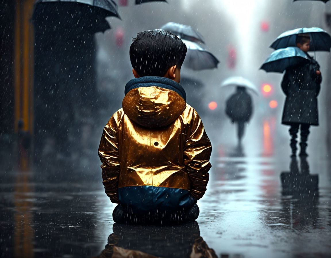 Child in Golden Jacket Sitting on Wet Street on Rainy Day