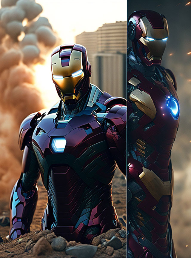 Split-frame of two Iron Man suits: one kneeling on dusty ground, the other standing against a building