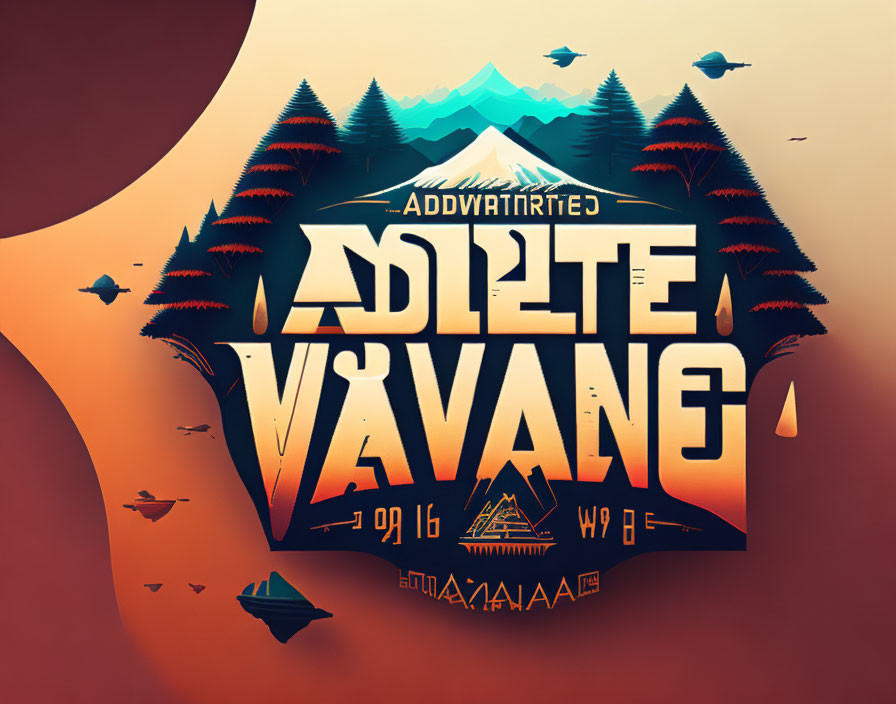 Symmetrical mountain-themed graphic design with stylized text and warm colors