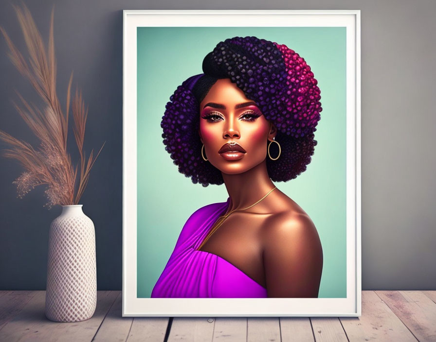 Illustration of stylish woman with purple afro hair in magenta dress and gold jewelry next to white