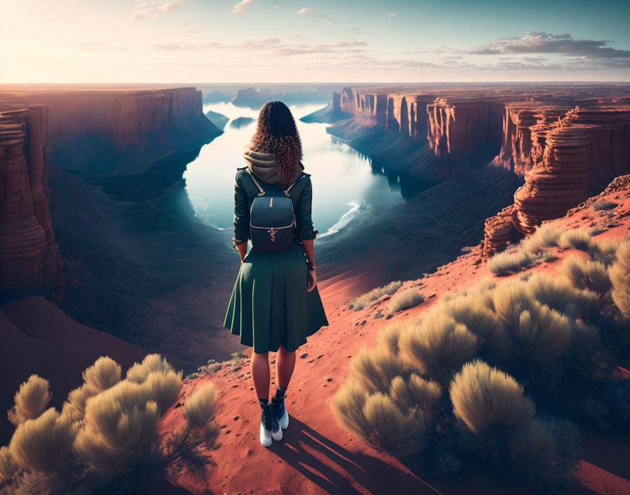 Scenic sunset view of person at canyon edge overlooking river
