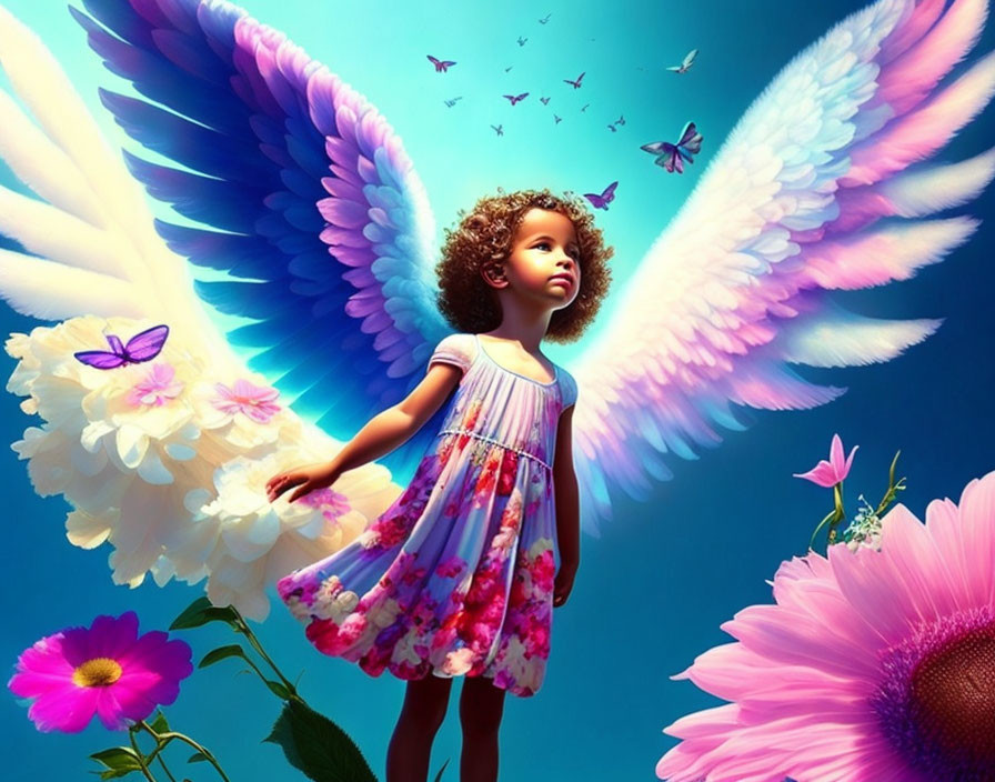 Colorful Angel Wings Girl Surrounded by Flowers and Butterflies