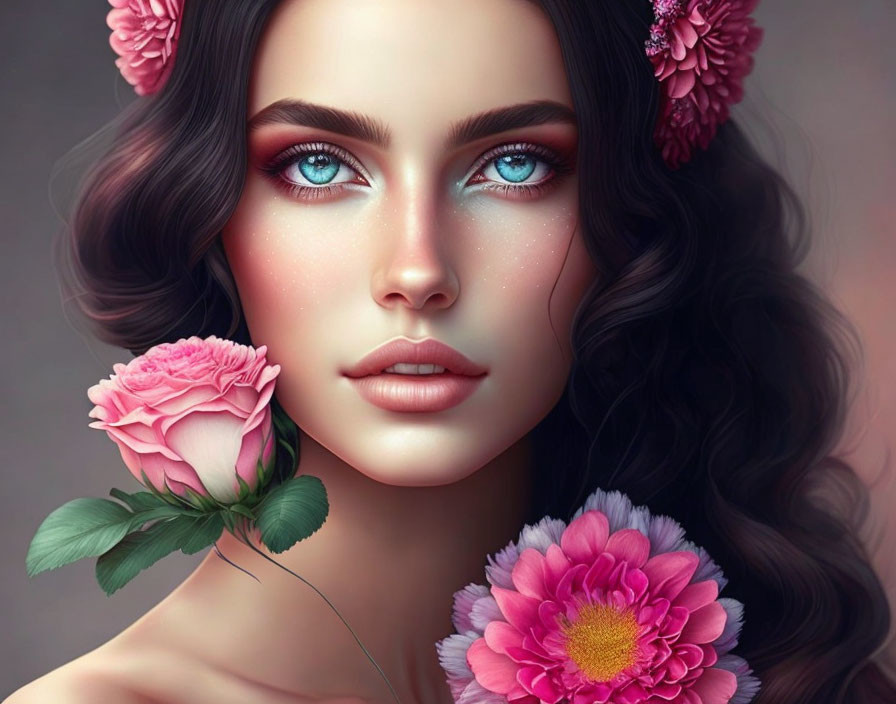 Close-up Illustration: Woman with Blue Eyes, Pink Flowers, and Rose