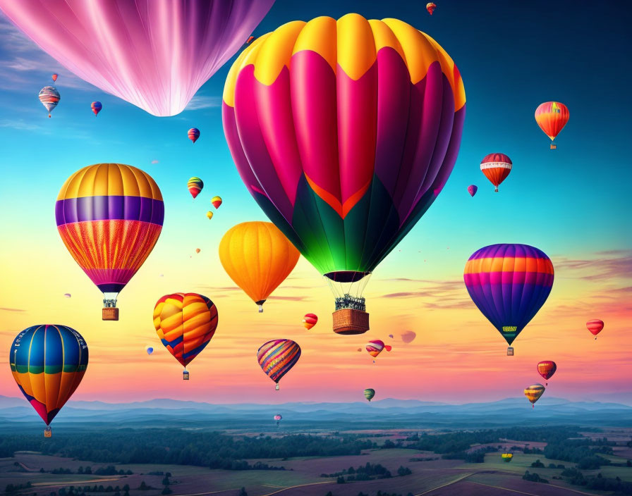 Colorful hot air balloons float over serene sunrise landscape with purple and orange skies