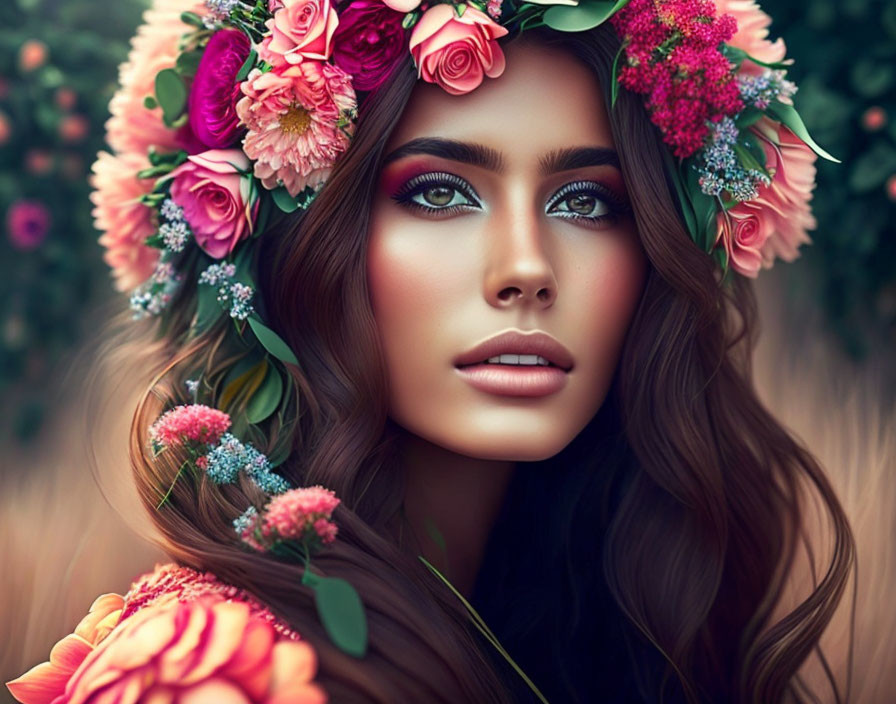 Woman with floral headwear, blue eyes, and brown hair in greenery bokeh.