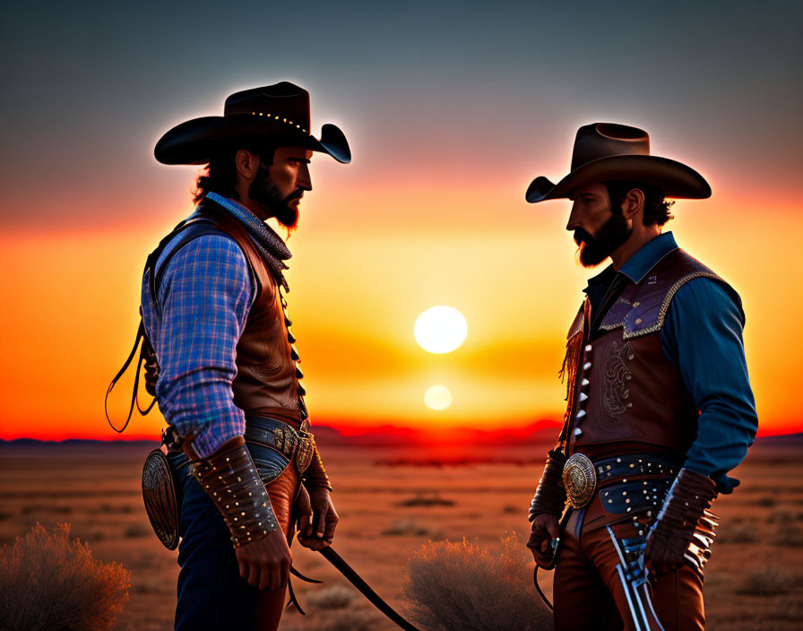 Two cowboys in desert sunset with vivid orange sky