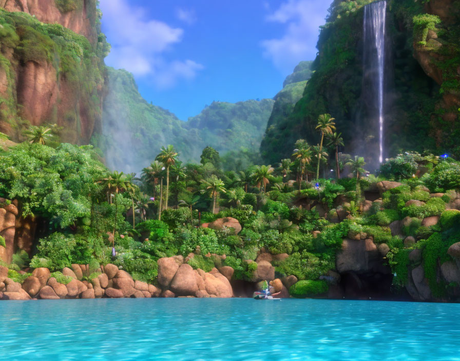 Idyllic tropical landscape with palm trees, waterfalls, and clear blue water