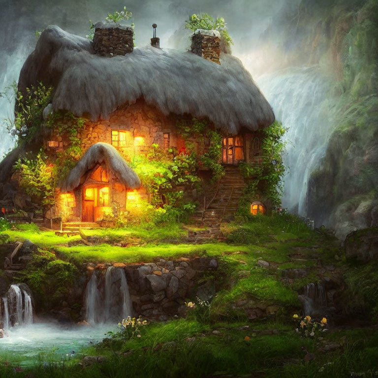 Thatched-Roof Cottage in Mystical Forest with Waterfalls