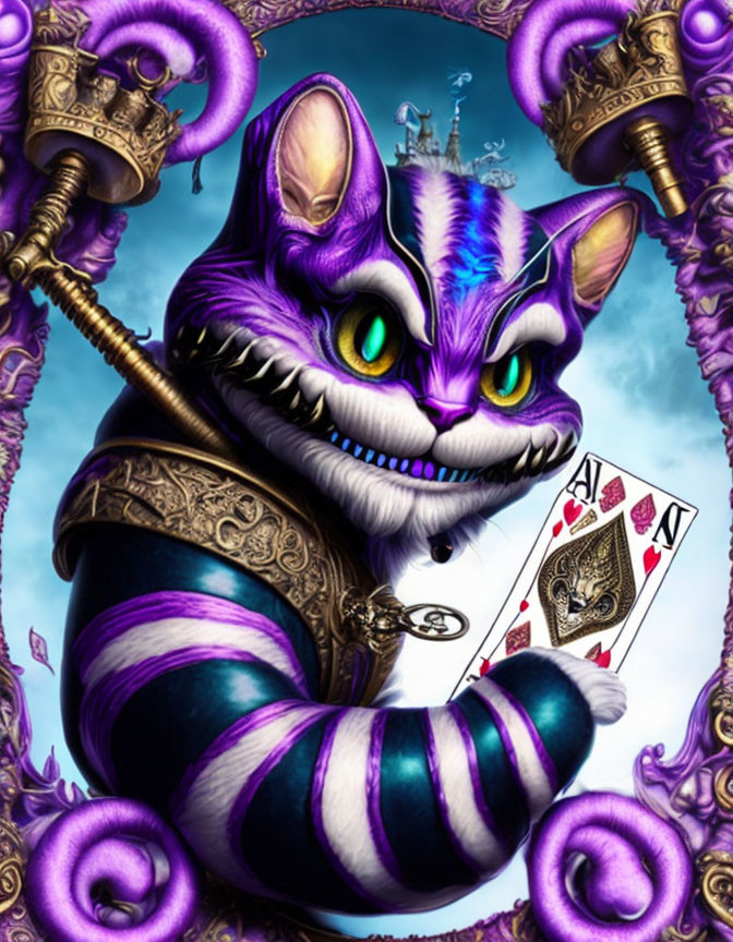 Whimsical purple Cheshire Cat with queen card in baroque frame